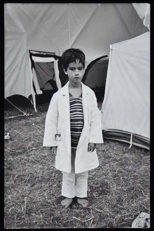 Image similar to photo polaroid of a sad and lonely child in a white coat and barefoot stands in the middle many big tents of field hospitals, pandemic, covid, loneliness, black and white ,photorealistic, 35mm film,