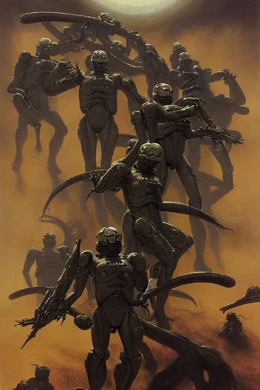 Image similar to starship troopers in the style of wayne barlowe, gustav moreau, goward, bussiere, roberto ferri, santiago caruso, luis ricardo falero, frazetta