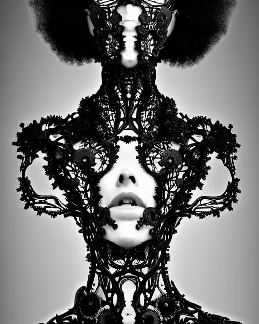 Image similar to surreal black and white photo portrait of complex bio-mechanical beautiful young female vegetal-cyborg with a Mandelbrot fractal steampunk metal fine lace face, a very long neck and a fine metal floral foliage super big lace collar by Alexander McQueen:: high fashion, haute couture, rococo, steampunk, silver filigree details, anatomical, facial muscles, cable wires, microchip, elegant, dreamy, foggy, hyper realistic, 150 mm lens, soft rim light, octane render, unreal engine, picture was taken in 1910 by Man Ray, volumetric lighting, dramatic light,8k,