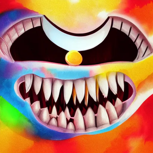 Image similar to evil monster with gummy teeth. Scary. Eating kids. Smiley face. High details, digital painting, artstation, 4k.