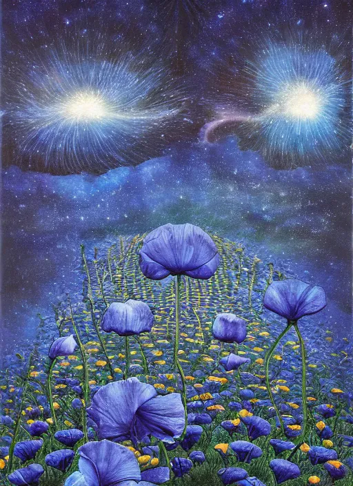 Image similar to detailed, intricate blue black and purple papaverum flower on the field, nebula, galaxy in the sky, winning award masterpiece, fantastically beautiful, illustration, aestheticly inspired, jacek yerka, upscale with anguissola sofonisba work, artstation, 8 k