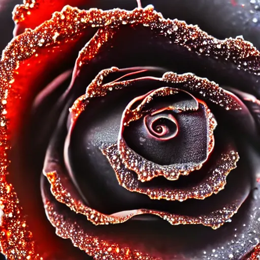 Image similar to award - winning macro of a beautiful black rose made of glowing molten magma