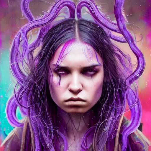 Image similar to detailed photo portrait of a furious teen girl with thin, hair-like purple tentacles on her head and bright purple eyes, 8k,by tristan eaton, Stanley Artgermm,Tom Bagshaw,Greg Rutkowski,Carne Griffiths,trending on DeviantArt, face enhance,hyper detailed ,full of colour, dramatic lightning