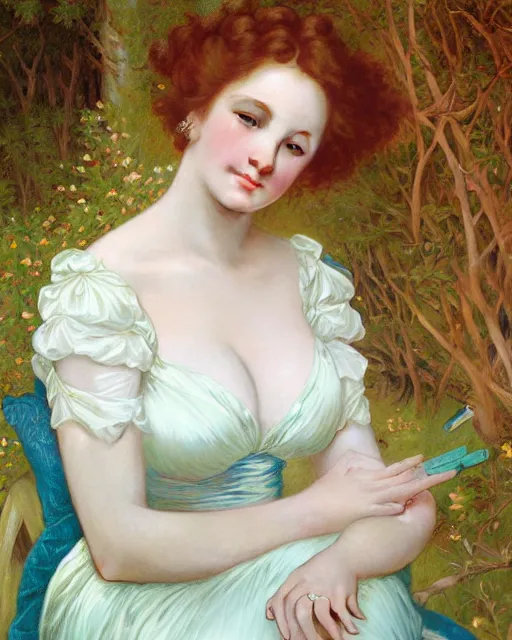 Image similar to realistic oil painting of young 1 8 - year old christina hendricks wearing an iridescent wedding dress covered in pearls, highly detailed, intricate,, elegant, digital painting, smooth, sharp focus, illustration, ultra realistic, 8 k, by bouguereau, alphonse mucha, artgerm, and donato giancola