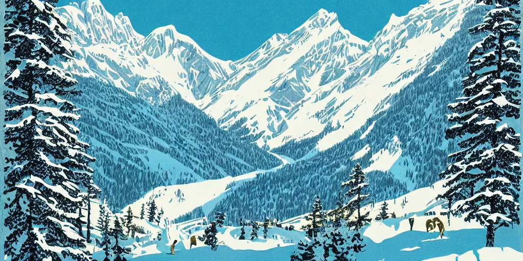 Image similar to beautiful idyllic poster illustration for a craggy snow valley national park by ludwig hohlwein