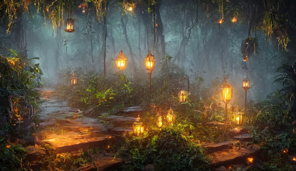 Prompt: jungle, path, lanterns, stars, torches, fireflies, bioluminescence, fire, fog, insane details, intricate, elite, ornate, elegant trend, highly detailed and intricate, sharp focus, photography, unreal engine, trending on artstation, photorealistic, octane, hyper detailed, trending on deviantart,