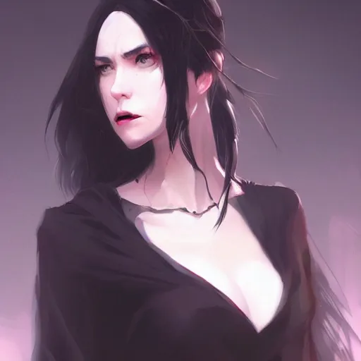 Image similar to female human vampire witch in the style of greg rutkowski, makoto shinkai, trending on artstation, character design, concept art, pretty face, highly detailed, long black hair, portrait, digital art