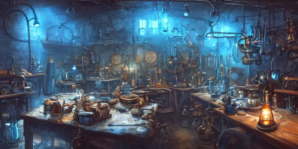 Prompt: Steampunk workshop, glowing blue rocks on the table, cozy, warm atmosphere, many tools, machines, blacksmith, high quality, trending on artstation, 4k, vibrant, high detail