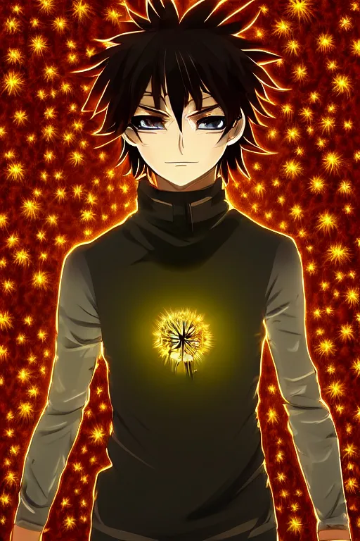 Image similar to amber glowing luminescent dandelion male anime character, symmetrical, highly detailed, digital art, sharp focus, trending on art station, amber eyes, autumnal colours