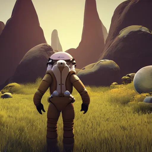 Prompt: A explorer astronaut on a lush alien planet, large planets in the background, low poly, stylized, unreal engine cinematic lighting, amazing graphics RTX on