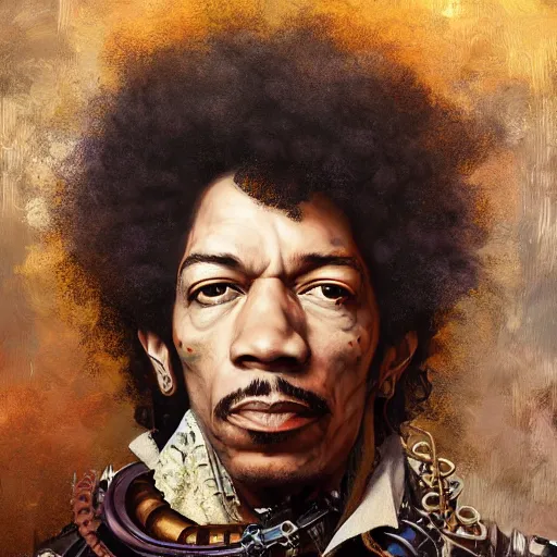 Image similar to steampunk portrait of jimi hendrix, hyper detailed, digital art, trending in artstation, cinematic lighting, studio quality, smooth render, unreal engine 5 rendered, octane rendered, art style by klimt and nixeu and ian sprigger and wlop and krenz cushart.