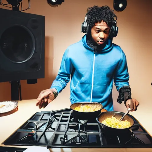 Prompt: curtis roads as a drill rapper cooking up in the studio, high quality press photo