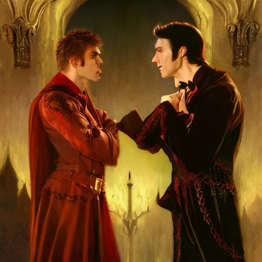 Image similar to attractive male, arthur pendragon confesses his love to attractive male dracula the vampire. highly detailed painting by gaston bussiere, craig mullins, j. c. leyendecker 8 k