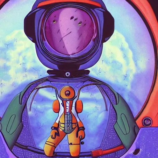 Image similar to a portrait of pilot alien symbiotic in spacesuit on field forrest spaceship station landing laying lake artillery outer worlds in FANTASTIC PLANET La planète sauvage animation by René Laloux