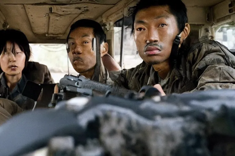 Image similar to movie diverse interracial team of Japanese robbers armed with rifles interior clean military van, beautiful skin, Symmetrical faces. natural lighting by Emmanuel Lubezki