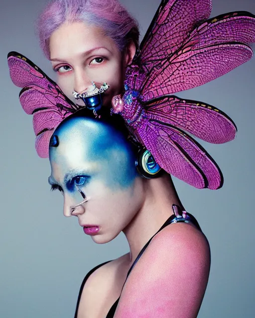 Prompt: natural light, soft focus portrait of a cyberpunk anthropomorphic dragonfly with soft synthetic pink skin, blue bioluminescent plastics, smooth shiny metal, elaborate ornate head piece, piercings, skin textures, by annie leibovitz, paul lehr