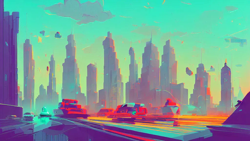 Image similar to downtown traffic, buildings, and lake, by anton fadeev