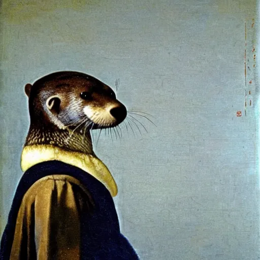 Image similar to oil painting of an anthropomorphic otter in military uniform, amazing detail, painted by johannes vermeer