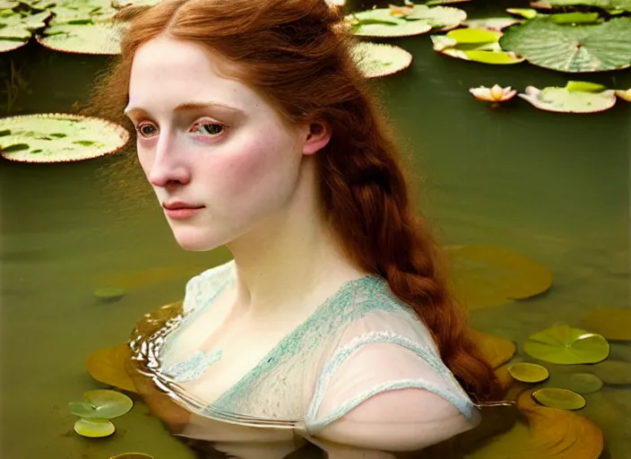 Image similar to Kodak Portra 400, 8K, soft light, volumetric lighting, highly detailed, britt marling style 3/4 ,portrait photo of a beautiful woman how pre-Raphaelites painter, the face emerges from the water of a pond with water lilies, inspired by Julie Dillon and John Everett Millais, a beautiful lace dress and hair are intricate with highly detailed realistic beautiful flowers , Realistic, Refined, Highly Detailed, natural outdoor soft pastel lighting colors scheme, outdoor fine art photography, Hyper realistic, photo realistic