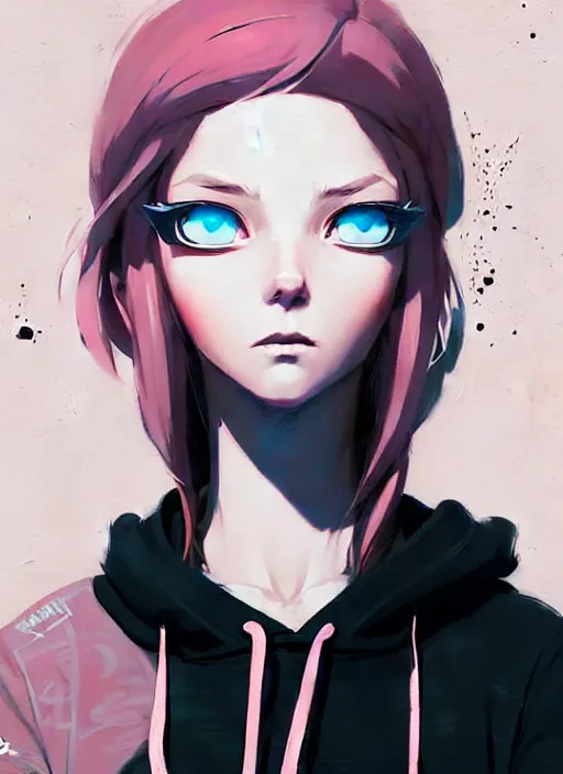 Image similar to highly detailed portrait of a urban punk lady student, blue eyes, hoodie, white hair by atey ghailan, by greg rutkowski, by greg tocchini, by james gilleard, by joe fenton, by kaethe butcher, gradient black, brown and pink color scheme, grunge aesthetic!!! ( ( graffiti tag wall background ) )