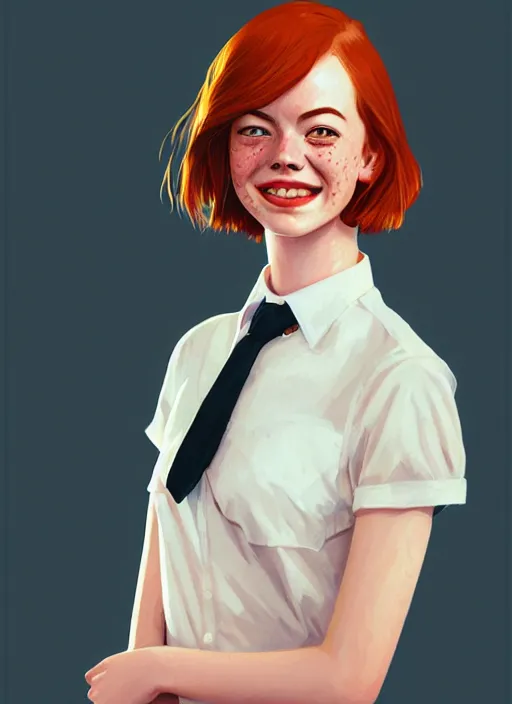 Image similar to portrait of teenage emma stone, freckles, middle part haircut, ginger hair, white shirt and red tie, smiling kindly, friendly, 1 9 7 0 s, intricate, elegant, glowing lights, highly detailed, digital painting, artstation, concept art, smooth, sharp focus, illustration, art by wlop, mars ravelo and greg rutkowski