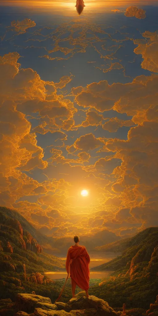 Image similar to symmetry!! god overlooking a surreal landscape of a dream, lucid dream, people, very detailed, serene, peaceful, golden hour, perfect lighting, perfect composition, digital art, illustration, frederic edwin church, tom white, 4 k