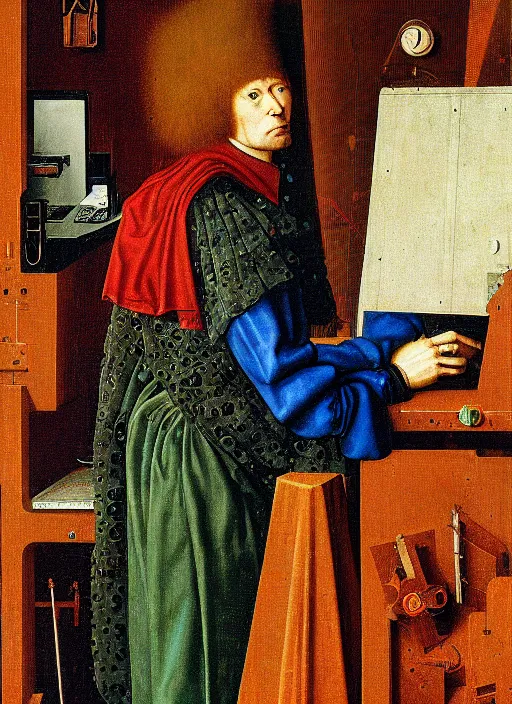 Prompt: a portrait of a cyborg jacked into their cyberdeck by Jan van Eyck