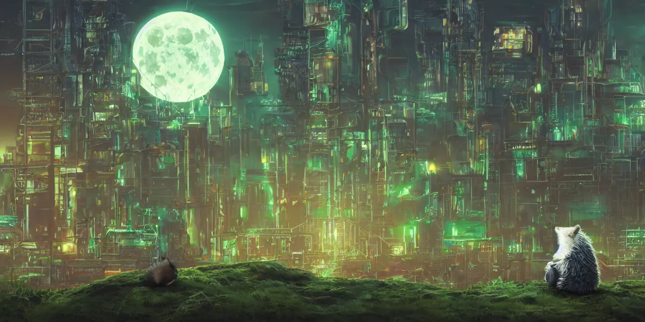 Image similar to a professional portrait, of an anthropomorphic hedgehog sitting outside of a futuristic ancient cyberpunk academy, factories and power plants everywhere, big moon in background, green smoggy sky, cinematic lighting, metal towers and sewers, artstation, omni magazine,