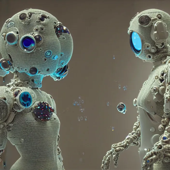 Image similar to a cybernetic symbiosis of a single astronaut mech-organic eva suit made of pearlescent wearing knitted shiny ceramic multi colored yarn thread infected with diamond 3d fractal lace iridescent bubble 3d skin dotted covered with orb stalks of insectoid compound eye camera lenses floats through the living room, film still from the movie directed by Denis Villeneuve with art direction by Salvador Dalí, wide lens,kevlar,carbon fiber,ceramics,gaseous materials,