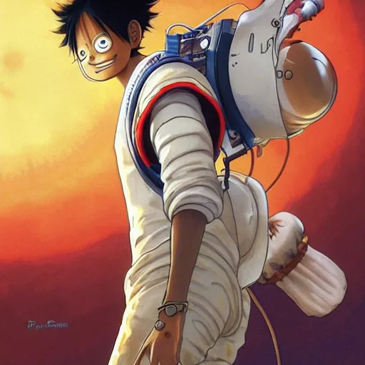 Image similar to luffy in a astronaut suit and luffy, intricate, luffy, highly detailed, digital painting, artstation, concept art, smooth, sharp focus, illustration, luffy, unreal engine 5, 8 k, art by artgerm and greg rutkowski and alphonse mucha