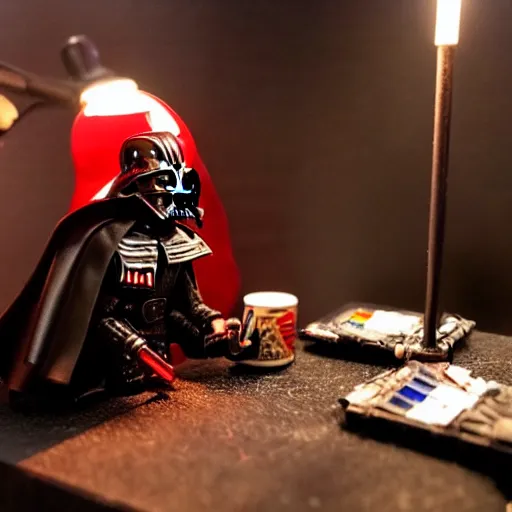 Prompt: Darth Vader painstakingly paints Warhammer 40,000 space marine minifigures at a table with a bright lamp, realism, depth of field, focus on darth vader,