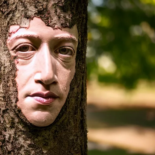 Prompt: high quality photo of mark zuckerberg hiding behind a tree, photography 4k, f1.8 anamorphic, bokeh, 4k, Canon, Nikon