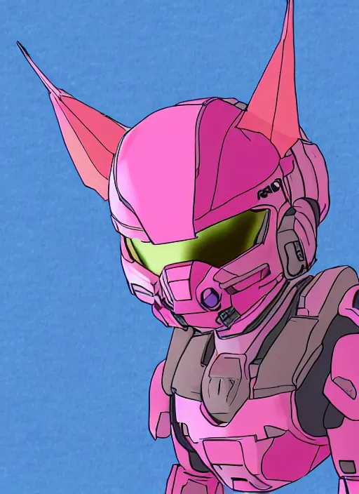 Prompt: Pink Master Chief from Halo with cat ears and a tail