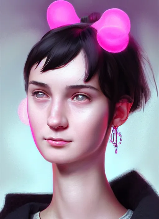 Image similar to portrait of teenage girl, narrow face, black hair, bangs, half updo hairstyle, skinny, smile, unattractive, defined jawline, big chin, wearing pink hair bow, earrings, intricate, elegant, glowing lights, highly detailed, digital painting, artstation, sharp focus, illustration, art by wlop, mars ravelo and greg rutkowski