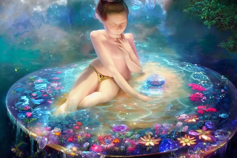 Prompt: a child falling into the pool of fantasy in her dreams, bed, psychedelic, whimsical, 4k, beautiful, a crystal and flower, reflective pool, surrounded by gems, underneath the stars, rainbow fireflies, trending on patreon, deviantart, twitter, artstation, volumetric lighting, heavy contrast, art style of Greg Rutkowski and Miho Hirano and Ross Tran