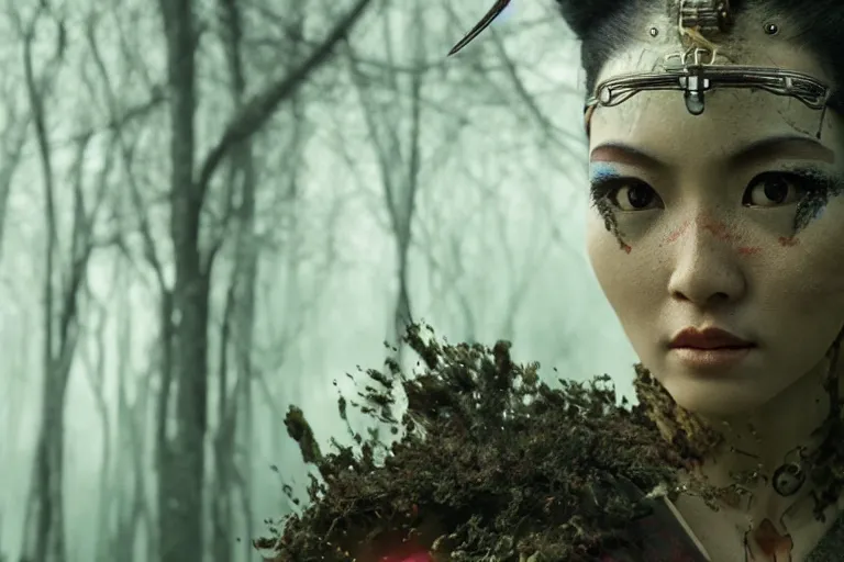 Image similar to vfx movie scene closeup ancient nomad cyborg warrior geisha in a smoldering forest. by emmanuel lubezki