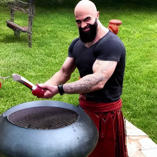 Prompt: kratos at a backyard barbecue