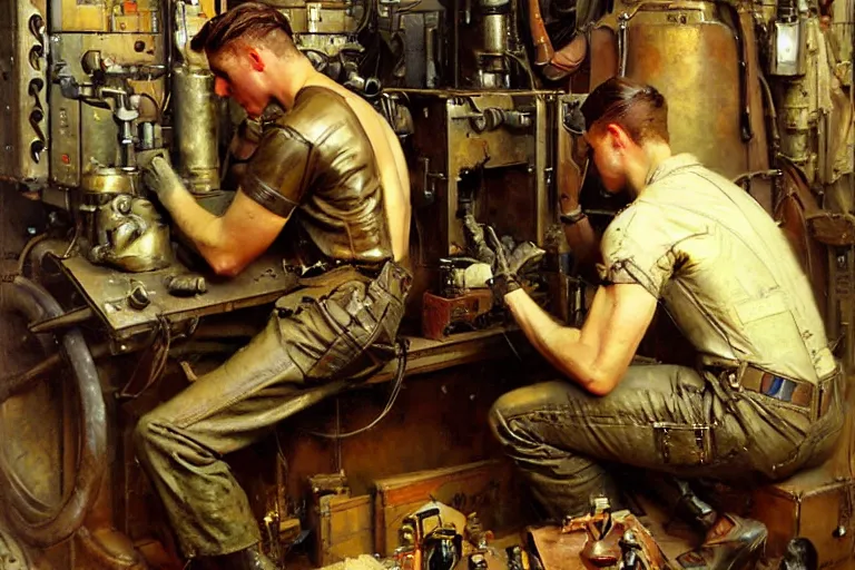 Prompt: male repairing machine, dieselpunk, painting by gaston bussiere, craig mullins, j. c. leyendecker, tom of finland