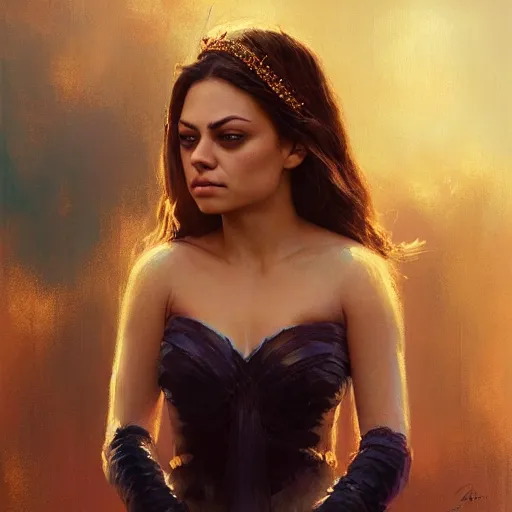 Image similar to closeup portrait of mila kunis as a beautiful radiant queen, crown, serene colors, lake background, complimentary contrast, dramatic lighting, masterpiece, high contrast, painted by stanley lau, painted by greg rutkowski, painted by stanley artgerm, digital art, trending on artstation