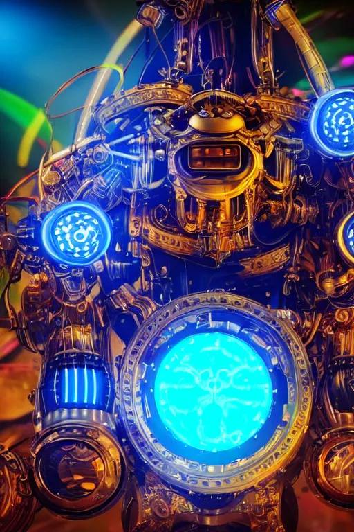 Prompt: portrait photo of a giant huge golden and blue metal futuristic steampunk robot covered with multicolored big gears and tubes, eyes are glowing red lightbulbs, robot plays on a huge electric steampunk guitar, shiny crisp finish, 3 d render, 8 k, insaneley detailed, fluorescent colors, background is multicolored lasershow