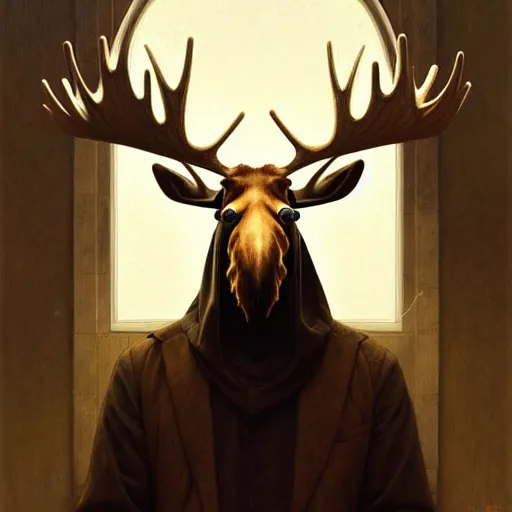 Image similar to A moose wearing an anonymous mask, Guy Fawkes, fantasy, intricate, elegant, highly detailed, digital painting, artstation, concept art, smooth, sharp focus, illustration, art by Krenz Cushart and Artem Demura and alphonse mucha