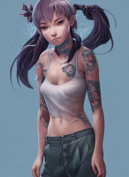 Image similar to character portrait of a female anthropmophic pig with a pigtail. She has a cute beautiful attractive detailed pig snout face wearing a tanktop and slacks standing outside a city tattoo parlor with arm tattoos. Character design by charlie bowater, ross tran, artgerm, and makoto shinkai, detailed, inked, western comic book art