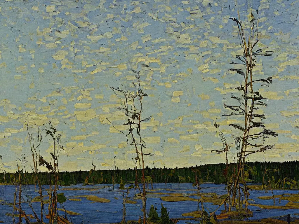 Prompt: a beautiful landscape painting by tom thomson, trending on arstation