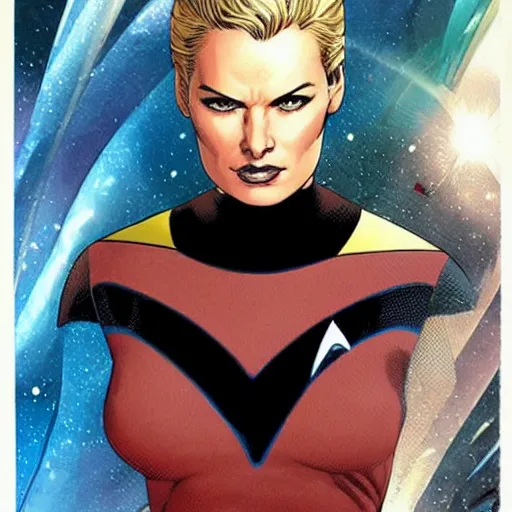 Prompt: rebecca romijn as number one, star trek strange new worlds, intricate, elegant, highly detailed, smooth, sharp focus, full body, visible face, detailed face, high contrast, dramatic lighting, graphic novel, art by Ardian Syaf and Pepe Larraz,