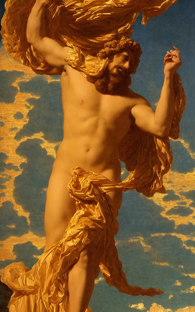 Prompt: a beautifully high detail, intricate, clear detailed portrait of a close up of zeus with an ornate golden teal curtain at beautiful sunset daytime nature sunlit nebula background painting by frederic leighton and rosetti, 8 k