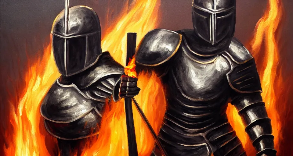 Image similar to An oil painting of a knight in dark metal armor wielding a flaming sword