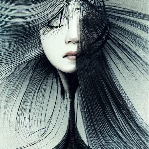 Prompt: Yoshitaka Amano dreamy illustration of an anime girl with white hair and cracks on her face wearing dress suit with tie fluttering in the wind, abstract black and white patterns on the background, head turned to the side, noisy film grain effect, highly detailed, Renaissance oil painting, weird portrait angle