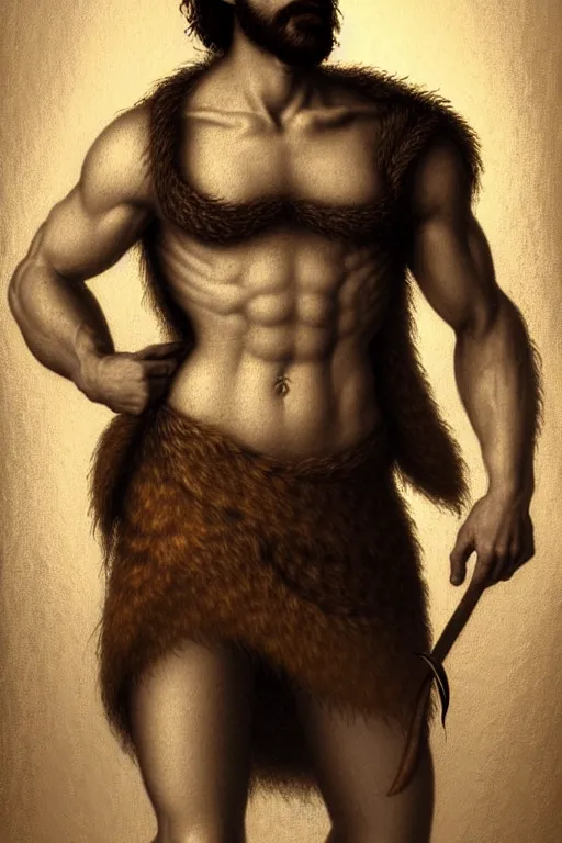 Image similar to renaissance full body portrait of a gruff ranger, handsome face, lean and toned, hairy chest and hairy body, D&D, intricate, elegant, highly detailed, digital painting, artstation, concept art, matte, sharp focus, chiaroscuro, well list, sharp detail, illustration, art by Da Vinci, Artgerm and Greg Rutkowski and Alphonse Mucha