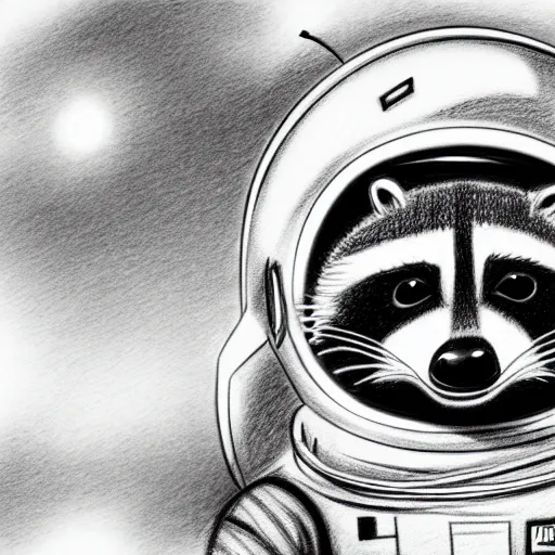 Prompt: a very detailed pencil drawing of a raccoon in an astronaut suit in space 4 k, high resolution, still, landscape, hd, dslr, hyper realistic, sketch