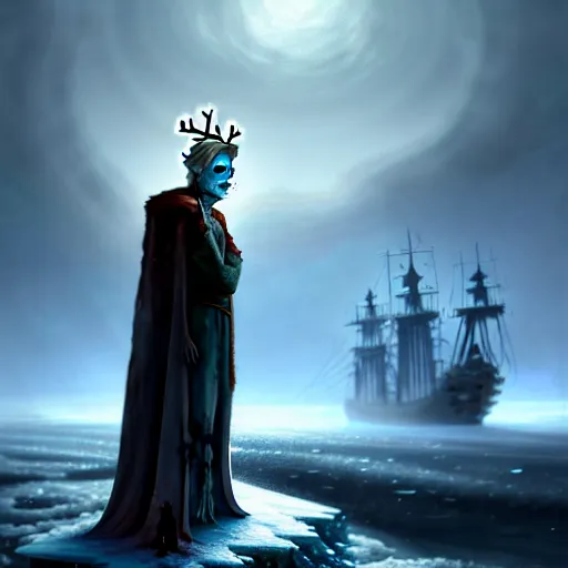Image similar to a frozen zombie man with a crown, eyes are glowing, broken sailing ship boat in the background, is at dawn and bluish, fantasy, intricate, elegant, highly detailed, digital painting, artstation, concept art, matte, sharp focus, illustration, art by aenaluck and roberto ferri and greg rutkowski, epic